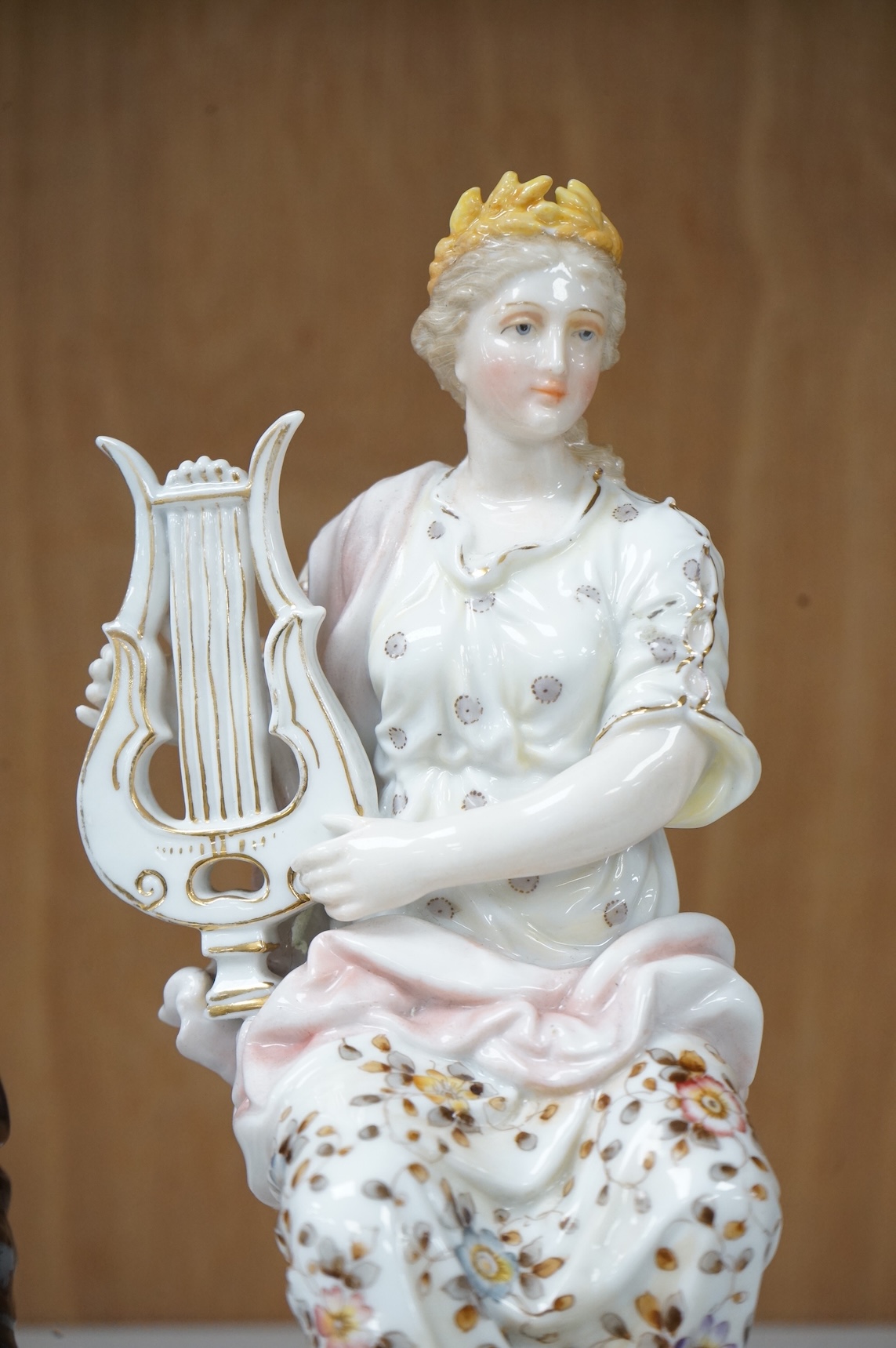 A Ludwigburg style group and a Volkstedt figure of a lyre player, 20cm high